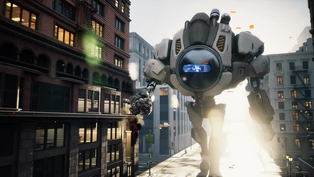 A giant military robot walks through the streets of a smoke-filled metropolis. Apocalyptic atmosphere of robot invasion. Animation perfect for apocalyptic, fantasy and sci-fi backgrounds.