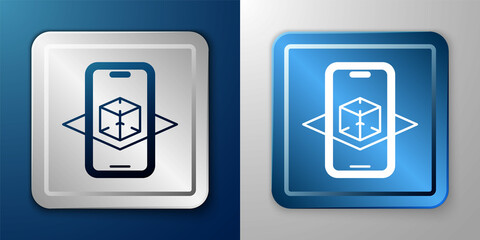 White 3d modeling icon isolated on blue and grey background. Augmented reality or virtual reality. Silver and blue square button. Vector