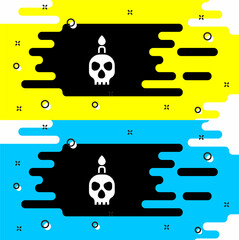White Burning candle on a skull icon isolated on black background. Day of dead. Vector
