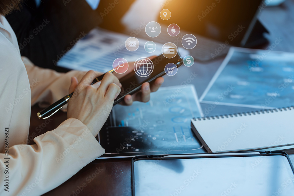 Poster business hands working on smartphone and laptop computer with digital finance marketing chart and fu