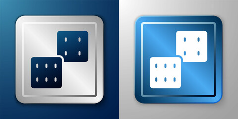 White Game dice icon isolated on blue and grey background. Casino gambling. Silver and blue square button. Vector