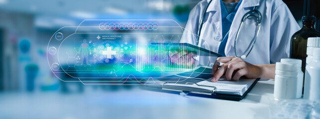 Medicine doctor using digital healthcare and network connection on hologram modern virtual screen...