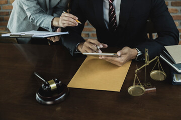 Concepts of Law and Legal services. Lawyer working with law interface icons.