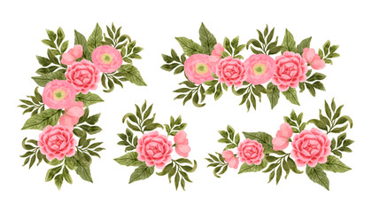 Beautiful pink watercolor vector flower illustration arrangements, botanical laurel, and floral bunch set