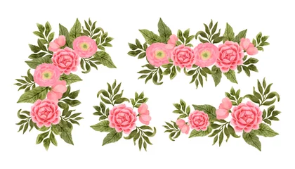 Fototapete Blumen Schöne rosafarbene Aquarellvektorblumen-Illustrationsanordnungen, botanischer Lorbeer und Blumenstraußsatz