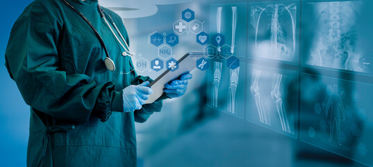 Medicine doctor using digital healthcare and network connection on hologram modern virtual screen interface icons, Medical technology futuristic concept.