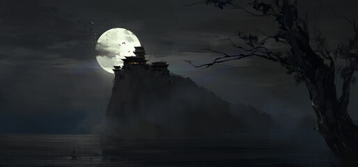 Mysterious lonely city under the full moon, 3D illustration. - obrazy, fototapety, plakaty