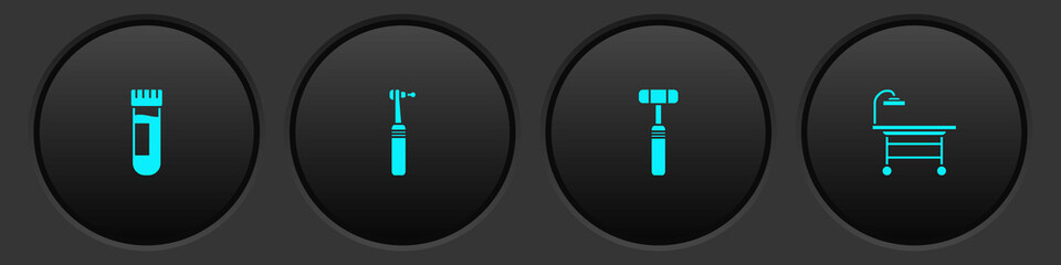 Set Test tube with blood, Tooth drill, Neurology reflex hammer and Operating table icon. Vector