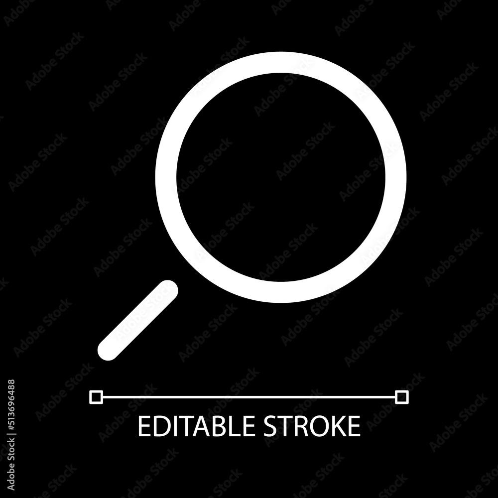 Poster search white linear ui icon for dark theme. find information online. seek for query result. vector l