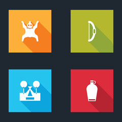 Set Bear skin, Bow, Tourist tent and Canteen water bottle icon. Vector