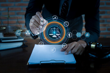 Concepts of Law and Legal services. Lawyer working with law interface icons, Law office,