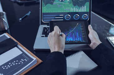 Business partners working on table office, business planning and technology development interface connection concept.