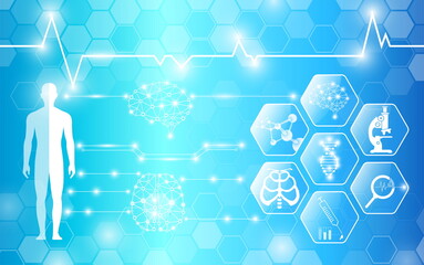 abstract background technology concept in blue light,brain and human body heal ,technology modern medical science in future and global international medical with tests analysis clone DNA human