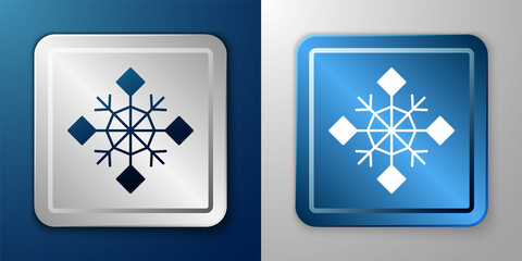 White Snowflake icon isolated on blue and grey background. Merry Christmas and Happy New Year. Silver and blue square button. Vector