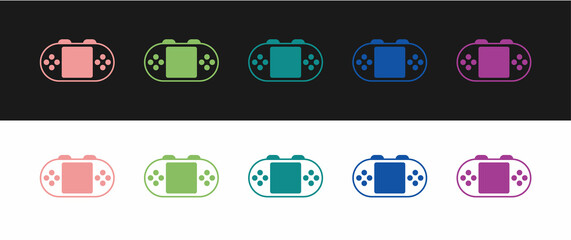 Set Portable video game console icon isolated on black and white background. Handheld console gaming. Vector