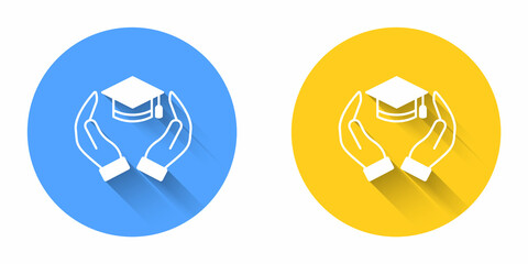 White Education grant icon isolated with long shadow background. Tuition fee, financial education, budget fund, scholarship program, graduation hat. Circle button. Vector