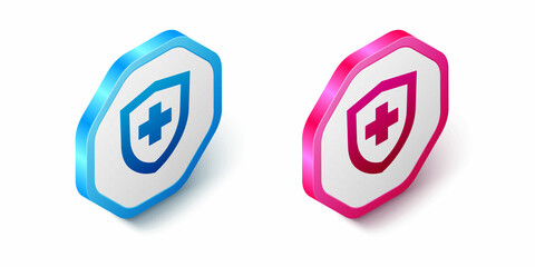 Obraz premium Isometric Life insurance with shield icon isolated on white background. Security, safety, protection, protect concept. Hexagon button. Vector