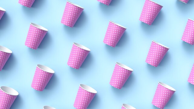 Pink paper cups with white polka dot pattern diagonally arranged on blue background. 3d rendering.