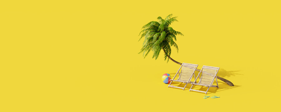 Beach chairs under a palm tree on yellow background. Creative summer travel concept idea 3D Render 3D illustration