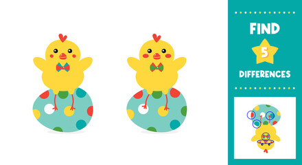 Educational game for kids, children. Find 5 differences in easter baby chicken character illustrations. Game-based perception learning, guessing game. Vector printable illustration, page.