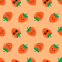 Cute cartoon style happy and sad orange persimmon characters vector seamless pattern background for food design.
