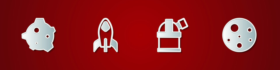 Set Asteroid, Rocket ship, Astronomical observatory and Planet Mars icon. Vector