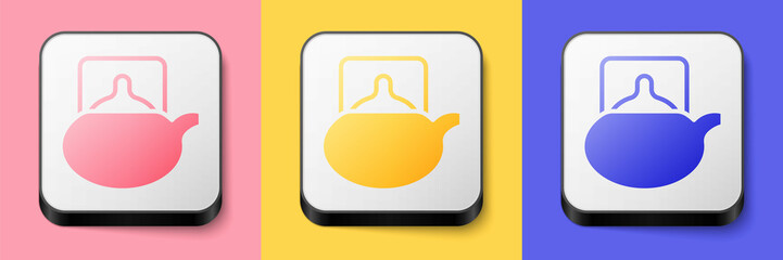 Isometric Traditional tea ceremony icon isolated on pink, yellow and blue background. Teapot with cup. Square button. Vector