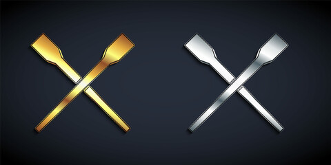 Gold and silver Food chopsticks icon isolated on black background. Wooden Korean sticks for Asian dishes. Oriental utensils. Long shadow style. Vector