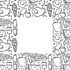 Seamless food pattern. Food background with place for text. Doodle vector illustration with food icon