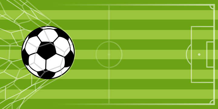 Football Soccer ball in goal. Goal net. Soccer border on green football grass field. Vector illustration