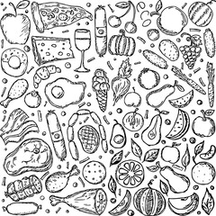 Food icons. Vector food background. Doodle illustration with food icon