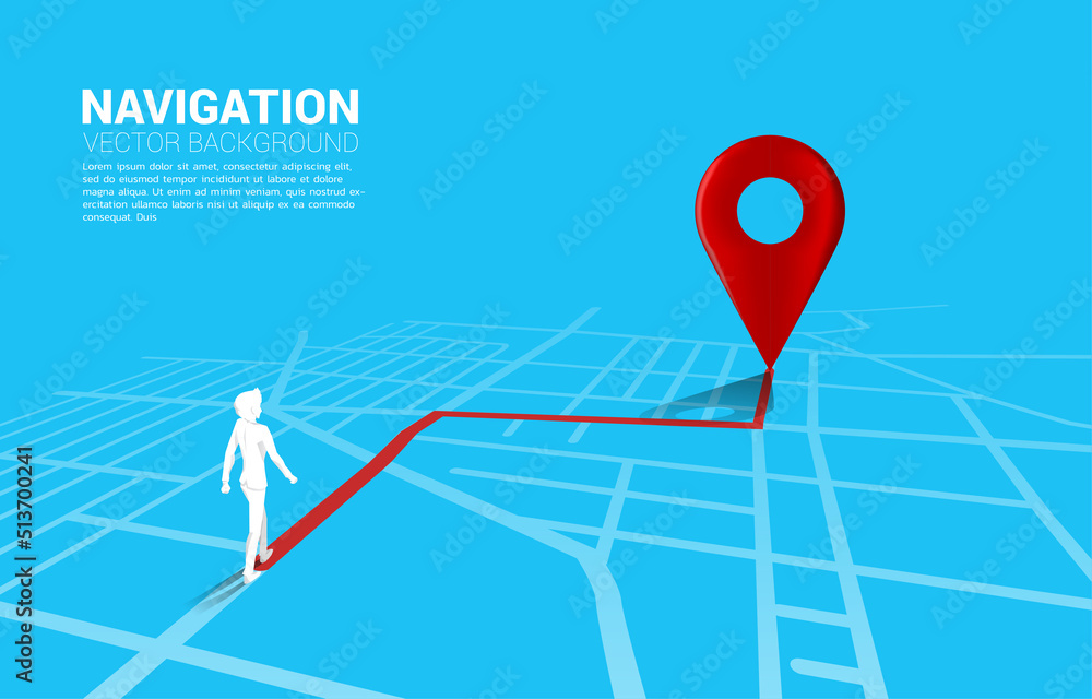 Poster route between 3d location pin markers and businessman on city road map. concept for gps navigation s