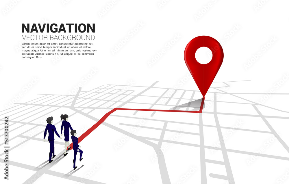 Poster route between 3d location pin markers and businessman on city road map. concept for gps navigation s