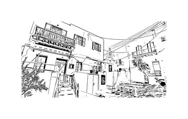Obraz premium Building view with landmark of Mykonos is the island in Greece. Hand drawn sketch illustration in vector.