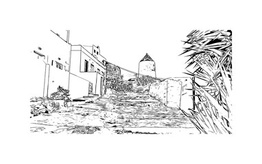 Building view with landmark of Mykonos is the 
island in Greece. Hand drawn sketch illustration in vector.