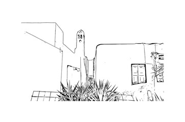 Building view with landmark of Mykonos is the 
island in Greece. Hand drawn sketch illustration in vector.
