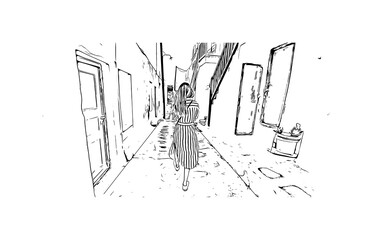 Building view with landmark of Mykonos is the 
island in Greece. Hand drawn sketch illustration in vector.