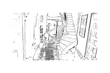 Building view with landmark of Mykonos is the 
island in Greece. Hand drawn sketch illustration in vector.