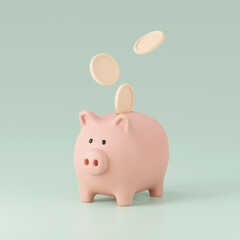 3d render of piggy bank with coins.