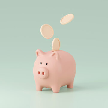 3d render of piggy bank with coins.
