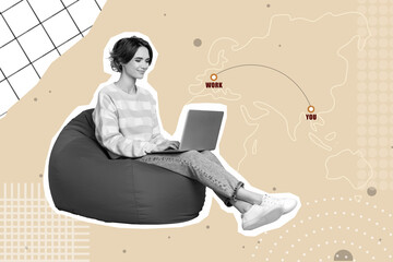 Artwork magazine picture of funny cheerful girl sitting bean bag distance working modern device isolated painted beige background - obrazy, fototapety, plakaty