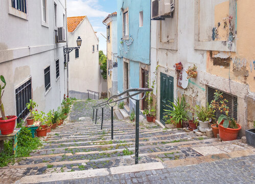 Staircase in a small street Beco de Lapa. Lisbon, Portugal