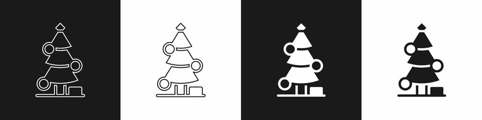 Set Christmas tree with decorations icon isolated on black and white background. Merry Christmas and Happy New Year. Vector