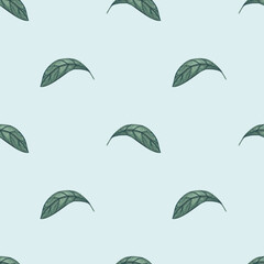 Watercolor green leaves seamless pattern on blue background