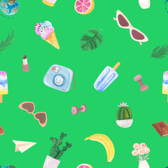 Cartoon summer seamless pattern. Travel objects