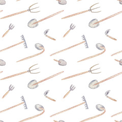 Gardening tools watercolor seamless pattern. Showel, hoe, rake illustations on white background.