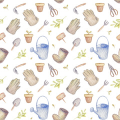 Watercolor seamless pattern with garden, nature and agriculture. Herbals and gardening tools. Farm or garden.