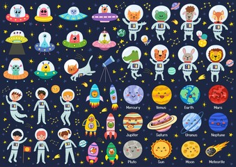 Big space collection with cute characters. Space bundle in cartoon style with planets, kids and animals astronauts on dark background. Aliens in flying saucers clipart set. Vector illustration - obrazy, fototapety, plakaty