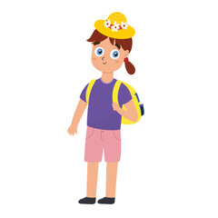 Travelling young girl with backpack and hat. Summer vacation kid isolated on white. Tourism vector illustration