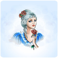 Portrait of a beautiful lady with blue hair and a scarlet rose.Blonde fairy with a red rose in her hand.